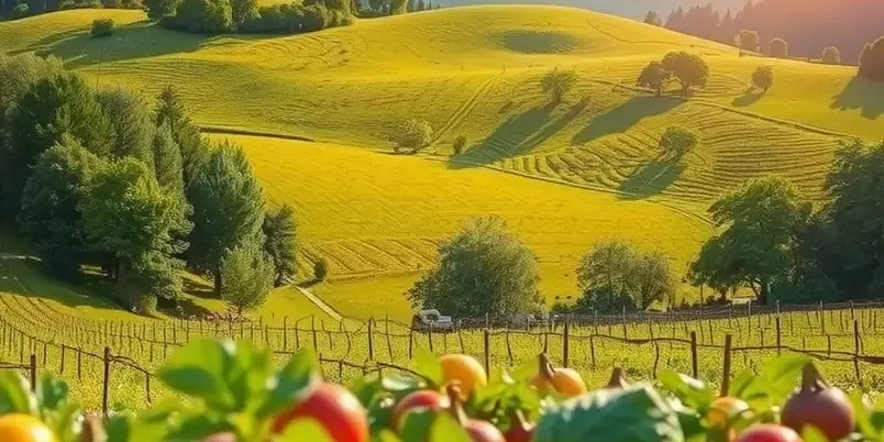 A beautiful natural landscape featuring a variety of healthy foods in an organic setting.