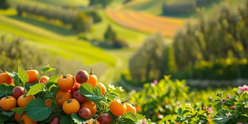 A bright sunlit field showcasing an abundance of vibrant organic vegetables and fruits.