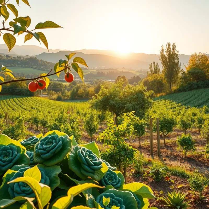 A vibrant sunlit field showcasing organic vegetables and fruits.