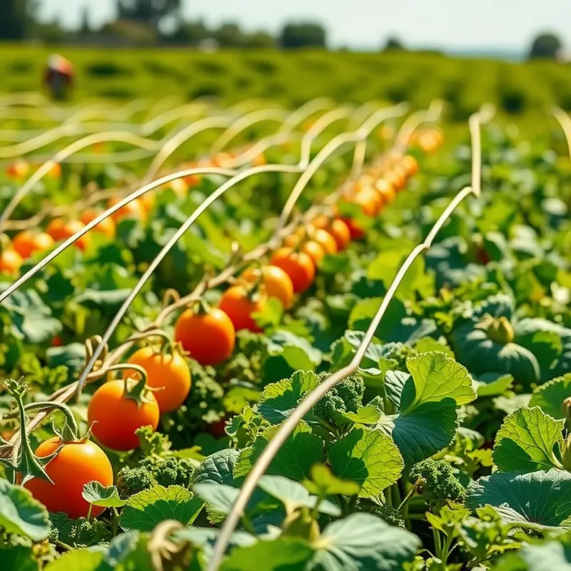 A bright field filled with vibrant vegetables and fruits symbolizing a low-purine diet.