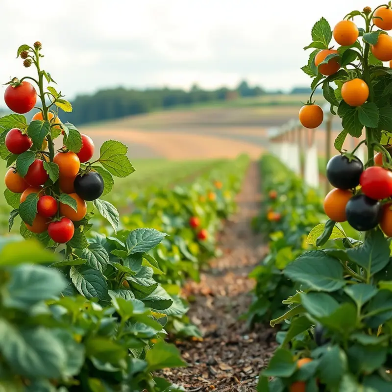 A bright field filled with vibrant vegetables and fruits symbolizing a low-purine diet.