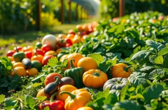 An expansive sunlit field showcasing vibrant vegetables and fruits surrounded by lush green scenery.