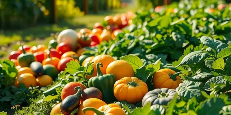 An expansive sunlit field showcasing vibrant vegetables and fruits surrounded by lush green scenery.