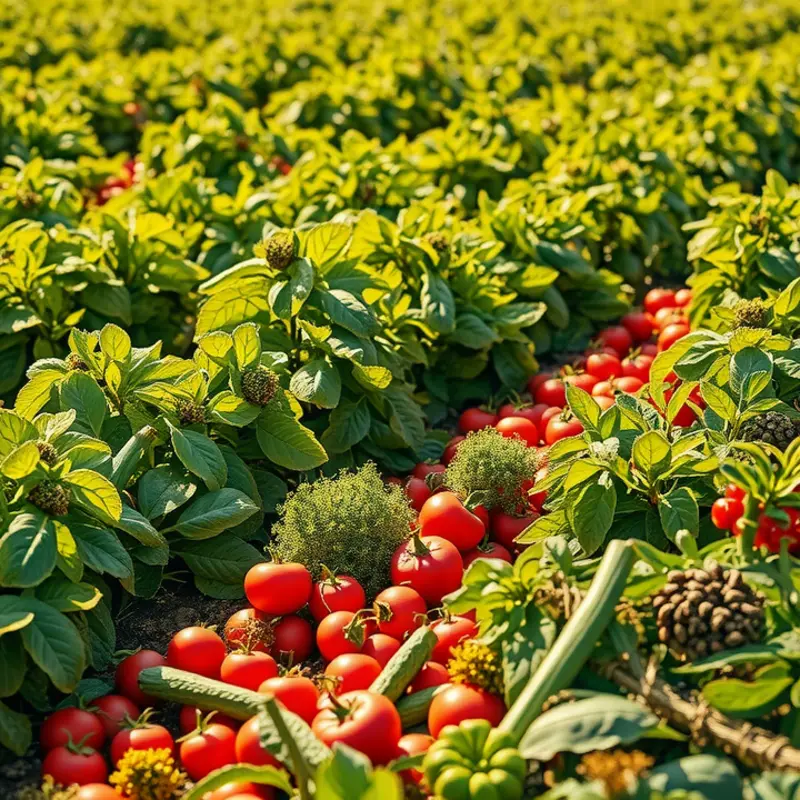 A sunlit field flourishing with organic vegetables and fruits.