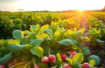 A sunlit field with healthy organic vegetables and lush surroundings, representing nutritious farming practices.