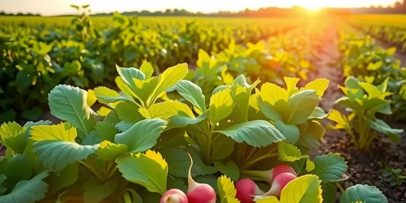 A sunlit field with healthy organic vegetables and lush surroundings, representing nutritious farming practices.