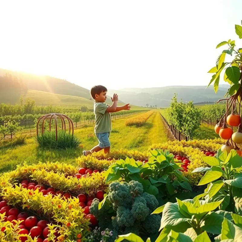 A sunlit field filled with vibrant fruits and vegetables.