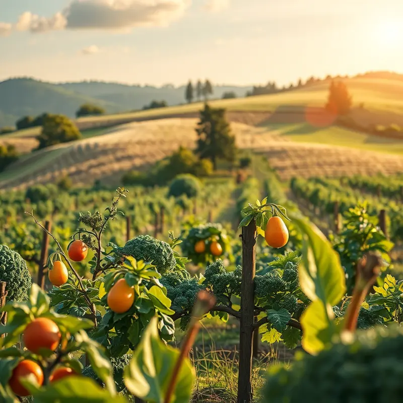 A vibrant, sunlit field abundant with organic vegetables and fruits.