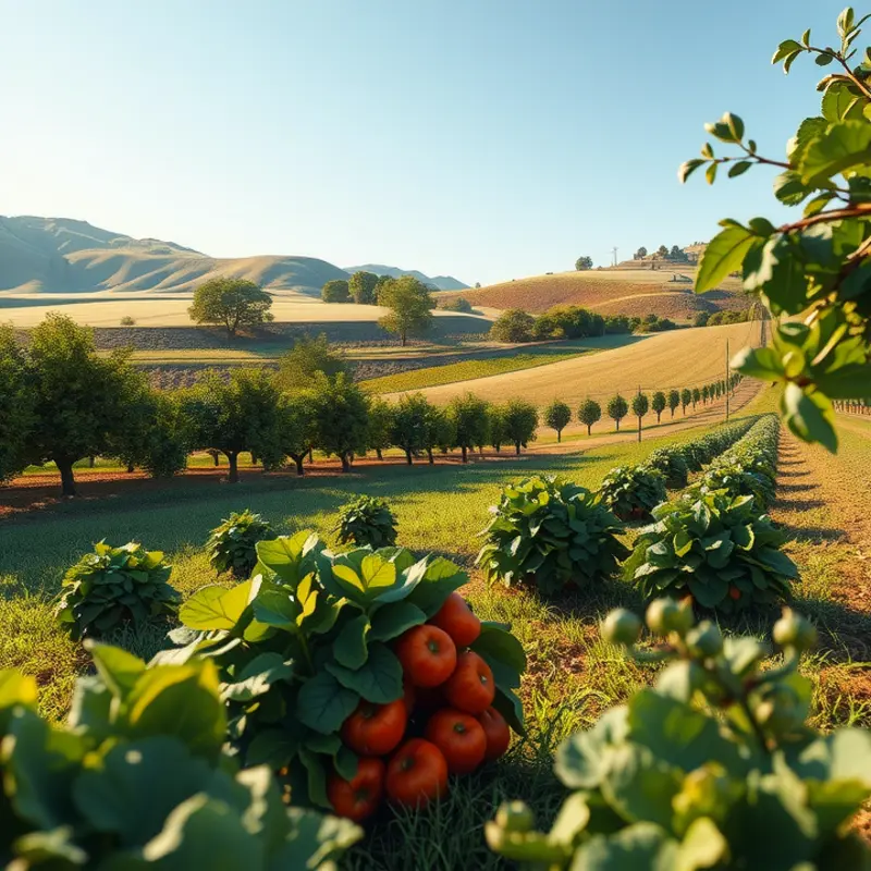 A vibrant sunlit field full of fresh fruits and vegetables, representing natural health.