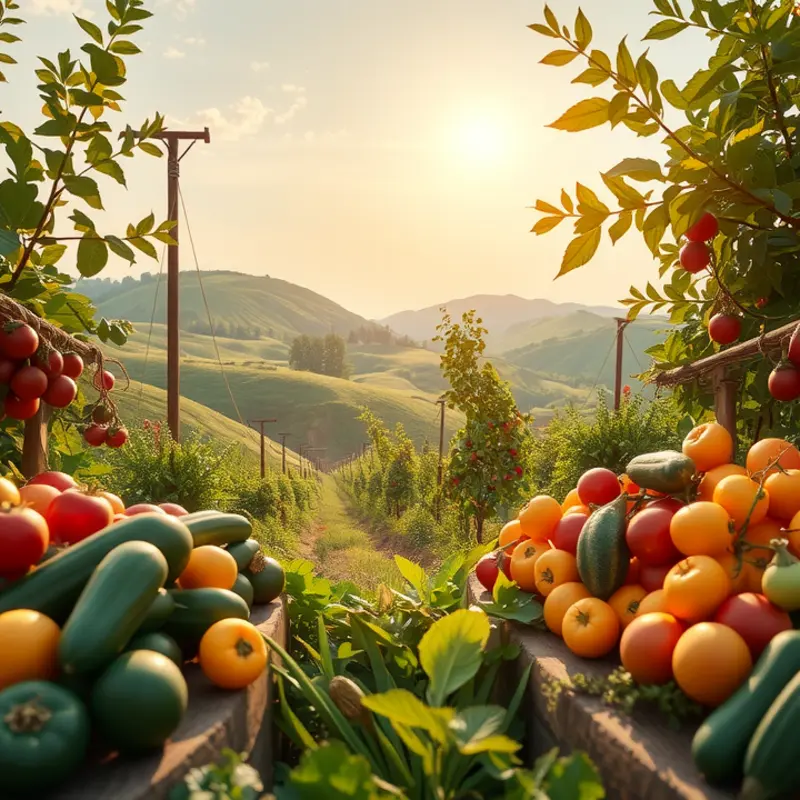 A serene sunlit garden showcasing vibrant fruits and vegetables.