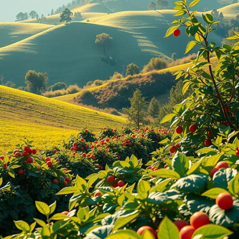 A tranquil sunlit field showcasing vibrant vegetables and fruits, embodying organic abundance.