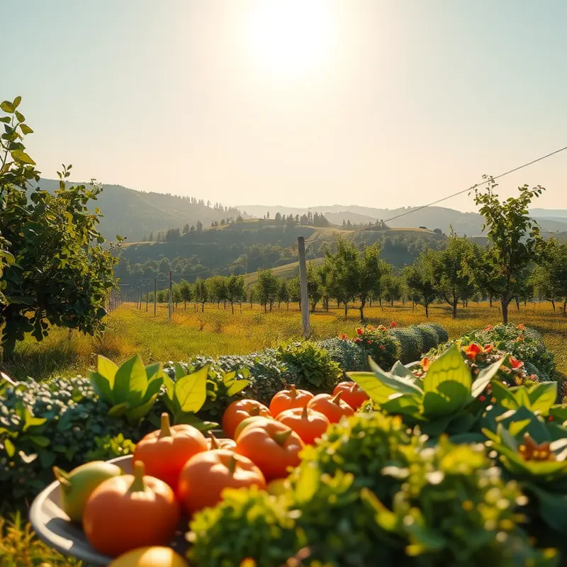 A serene landscape showcasing vibrant vegetables and fruits in a sunlit field.