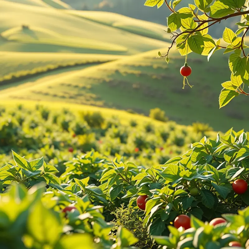 A vibrant sunlit field abundant with organic vegetables and fruits.