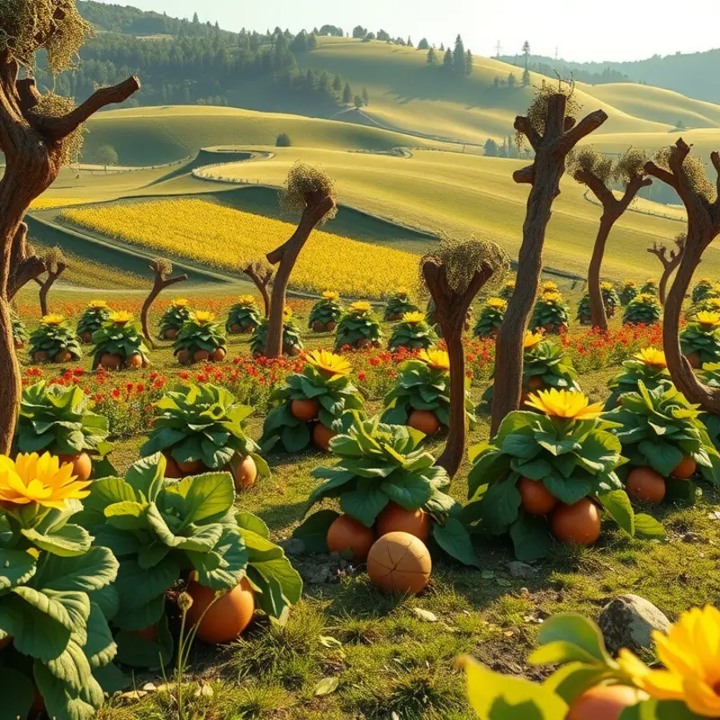 A vibrant orchard filled with fresh vegetables and fruits, representing the abundance of healthy eating.