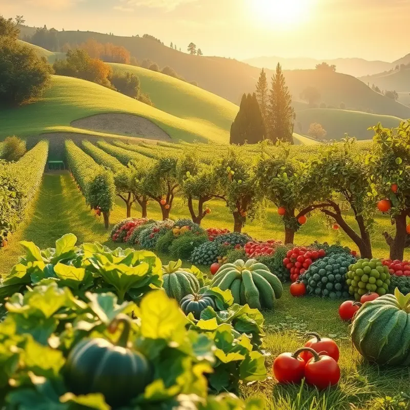 A vibrant field showcasing fresh organic vegetables and fruits under gentle sunlight.