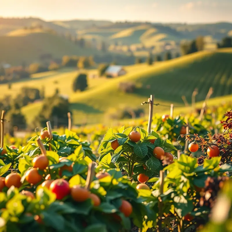 A vibrant sunlit field showcasing a bounty of organic vegetables and fruits amidst lush greenery.