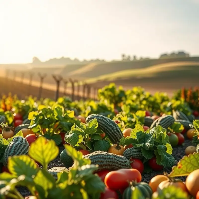 A sunlit field filled with vibrant vegetables and fruits representing fresh ingredients for meal planning.