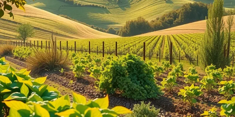 An idyllic landscape of lush organic vegetables and fruits growing in nature.