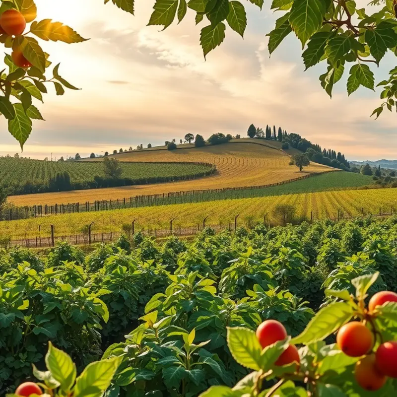 A vibrant sunlit field showcasing organic vegetables and fruits.