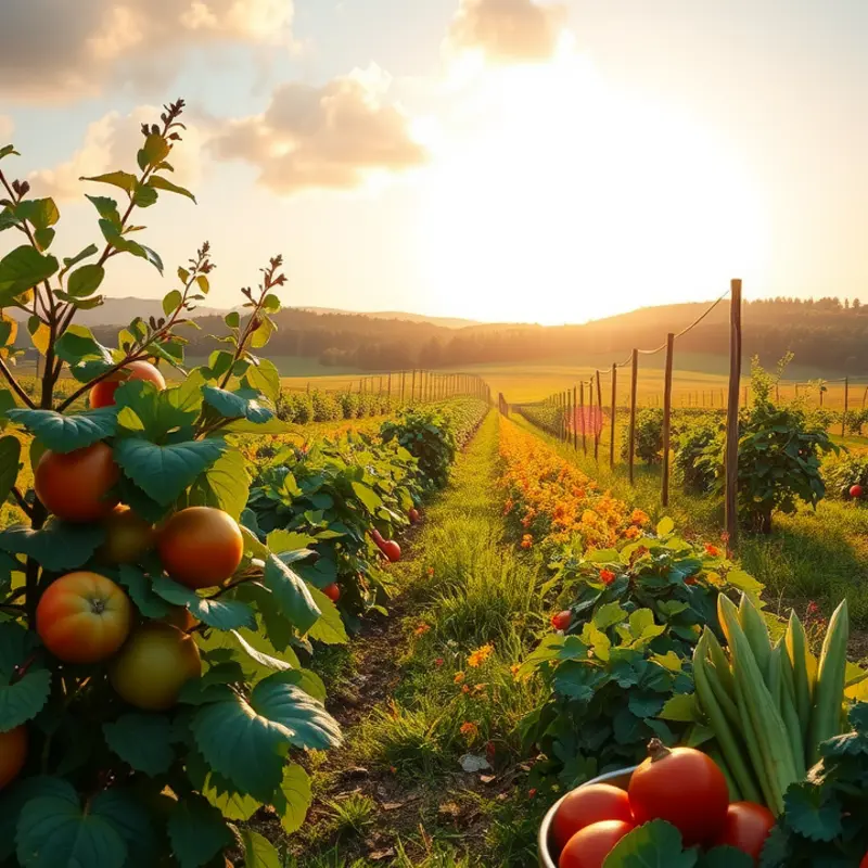 A vibrant sunlit field showcasing fresh organic vegetables and fruits.