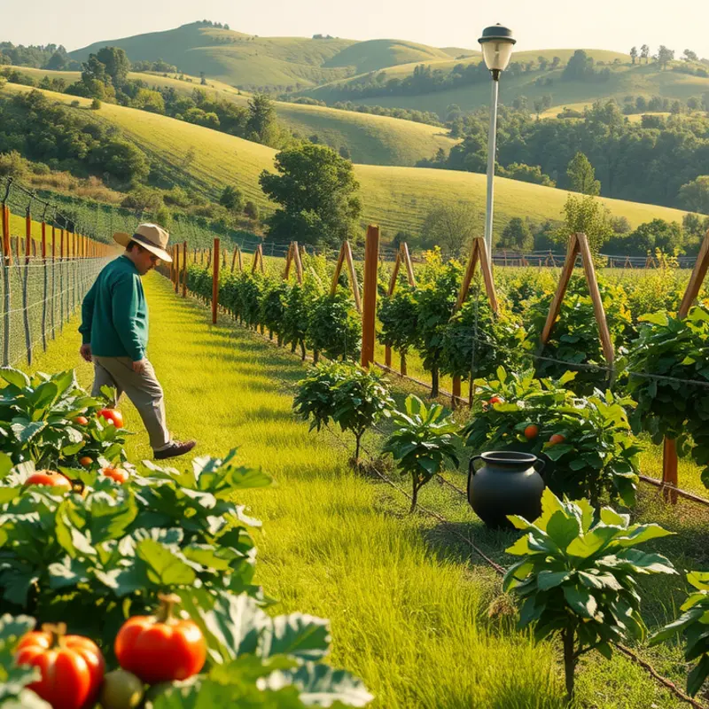A vibrant sunlit field, showcasing the abundance of organic fruits and vegetables.
