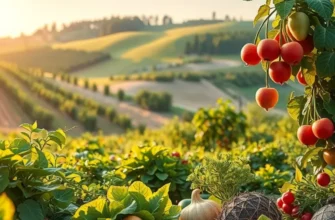 Photorealistic image of a lush field emphasizing organic fruits and vegetables.