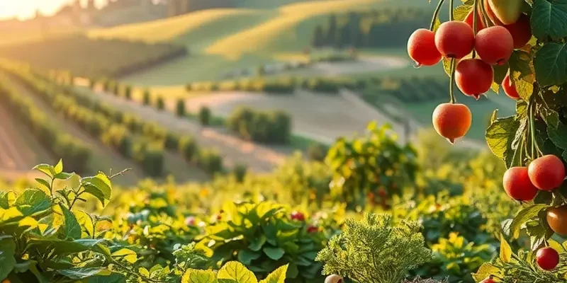 Photorealistic image of a lush field emphasizing organic fruits and vegetables.