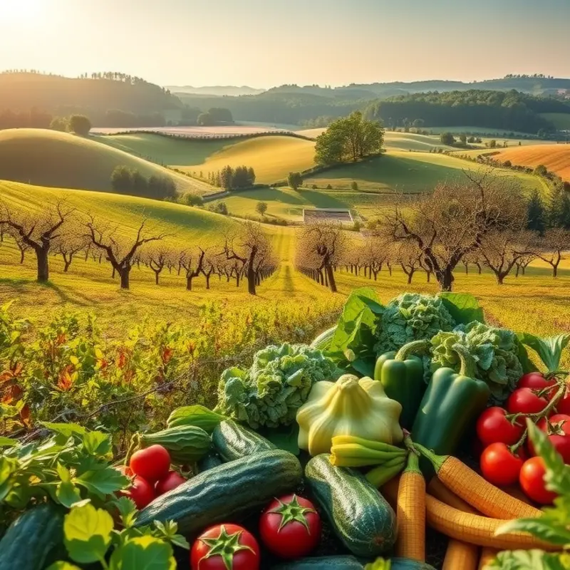 A sunlit garden showcasing vibrant fruits and vegetables.