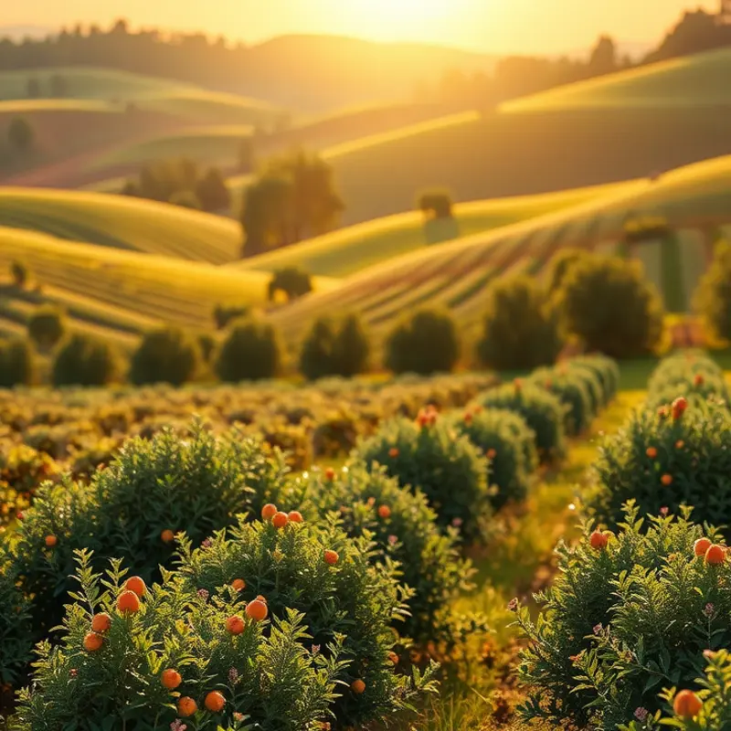 A vibrant orchard filled with fresh vegetables and fruits under soft sunlight.