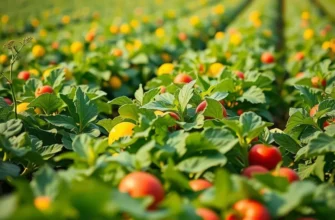 Serene landscape depicting nutritious fruits and vegetables in a sunny field.
