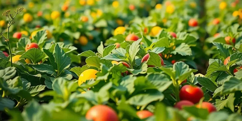 Serene landscape depicting nutritious fruits and vegetables in a sunny field.