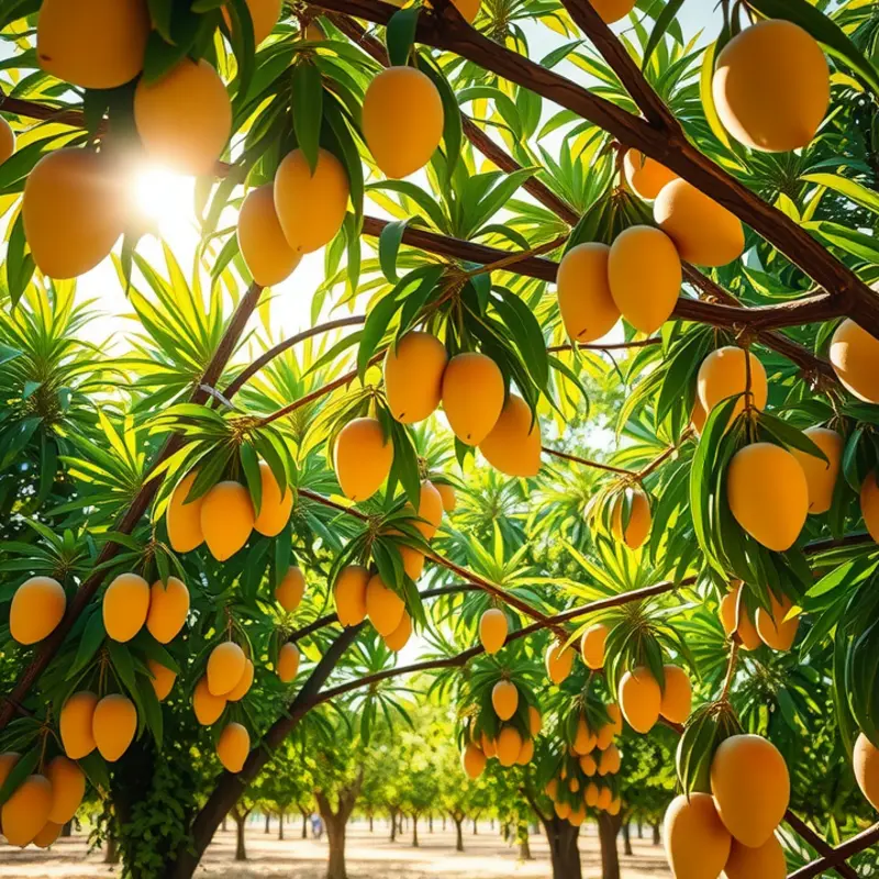 A sunlit mango orchard showcasing ripe fruit amidst rich greenery.
