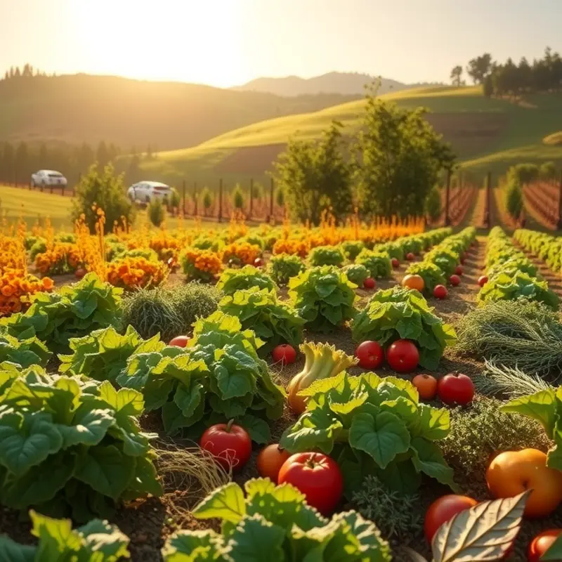 A sunlit orchard filled with vibrant vegetables and fruits.