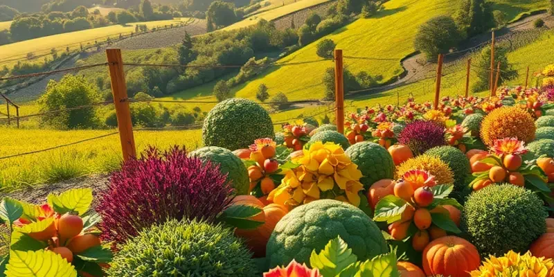 A beautiful orchard filled with ripe vegetables and fruits symbolizing fresh meal preparation.