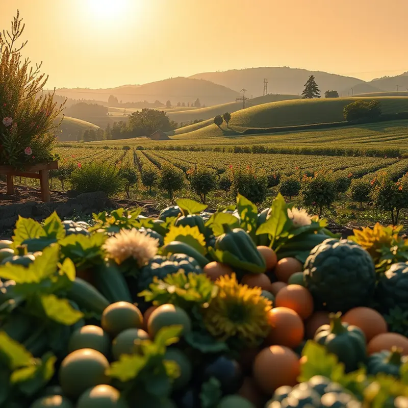 A bountiful orchard filled with fresh produce under warm sunlight.