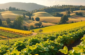 Photorealistic landscape of a field filled with seasonal fruits and vegetables under warm sunlight.
