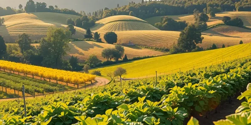 Photorealistic landscape of a field filled with seasonal fruits and vegetables under warm sunlight.
