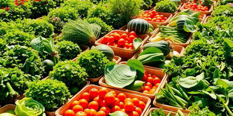 A sunlit landscape filled with fresh vegetables and fruits, illustrating the beauty of meal prep.