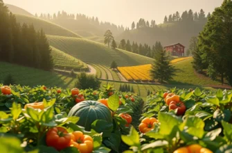 A glowing sunlit field filled with vibrant fruits and vegetables in a natural, organic setting.