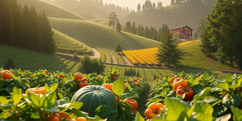 A glowing sunlit field filled with vibrant fruits and vegetables in a natural, organic setting.