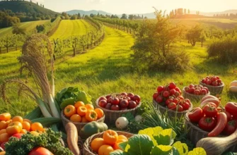 A beautiful landscape filled with organic fruits and vegetables, symbolizing healthy eating and mindfulness.