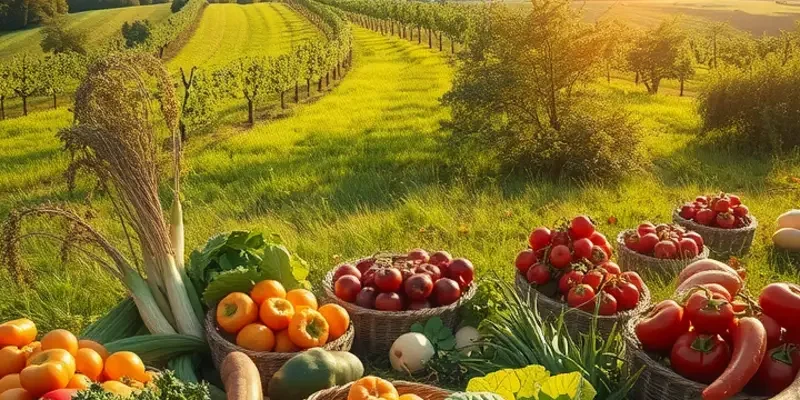 A beautiful landscape filled with organic fruits and vegetables, symbolizing healthy eating and mindfulness.