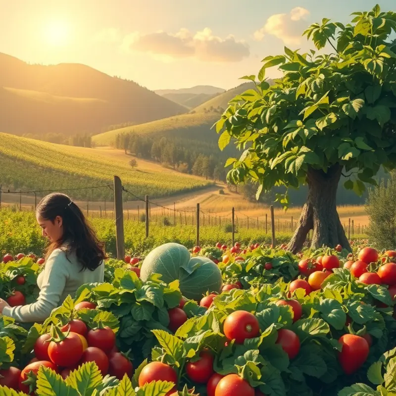 A serene field abundant with vibrant vegetables and fruits, symbolizing nature’s bounty and emotional nourishment.