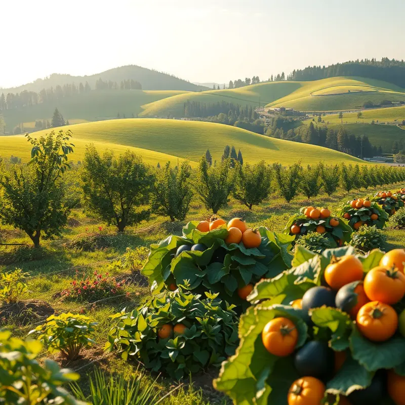 A sunlit field showcasing abundant organic produce surrounded by lush greenery.