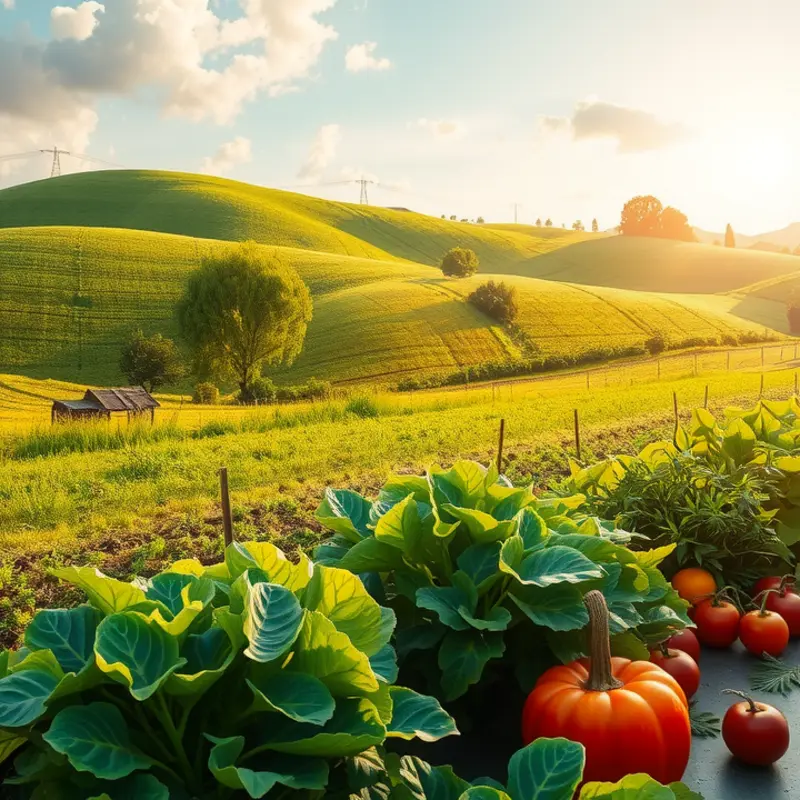 A sunlit field bursting with vibrant vegetables and fruits.