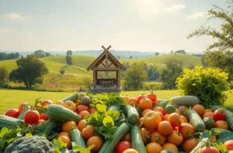 A vibrant sunlit orchard filled with organic fruits and vegetables, emphasizing the theme of mindful eating.