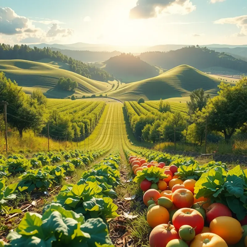 Vibrant vegetables and fruits growing naturally, symbolizing abundance and wellness.