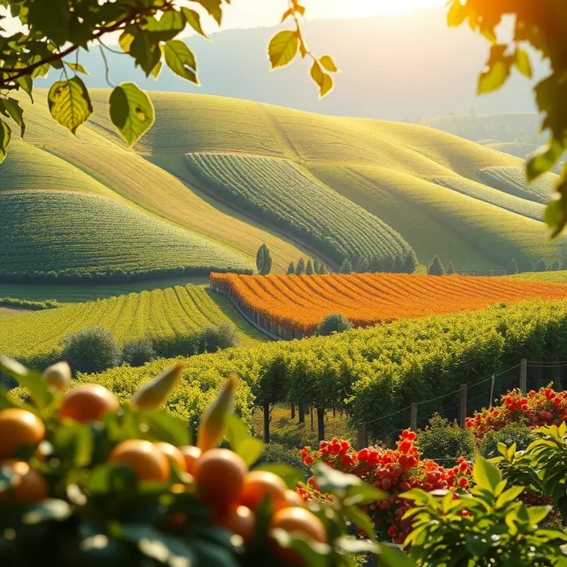 A serene sunlit orchard filled with vibrant fruits and vegetables.