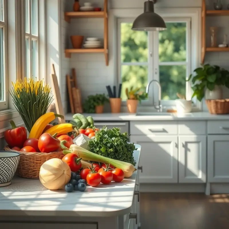 A serene kitchen illuminated by natural light features fresh produce, promoting a mindful cooking experience.