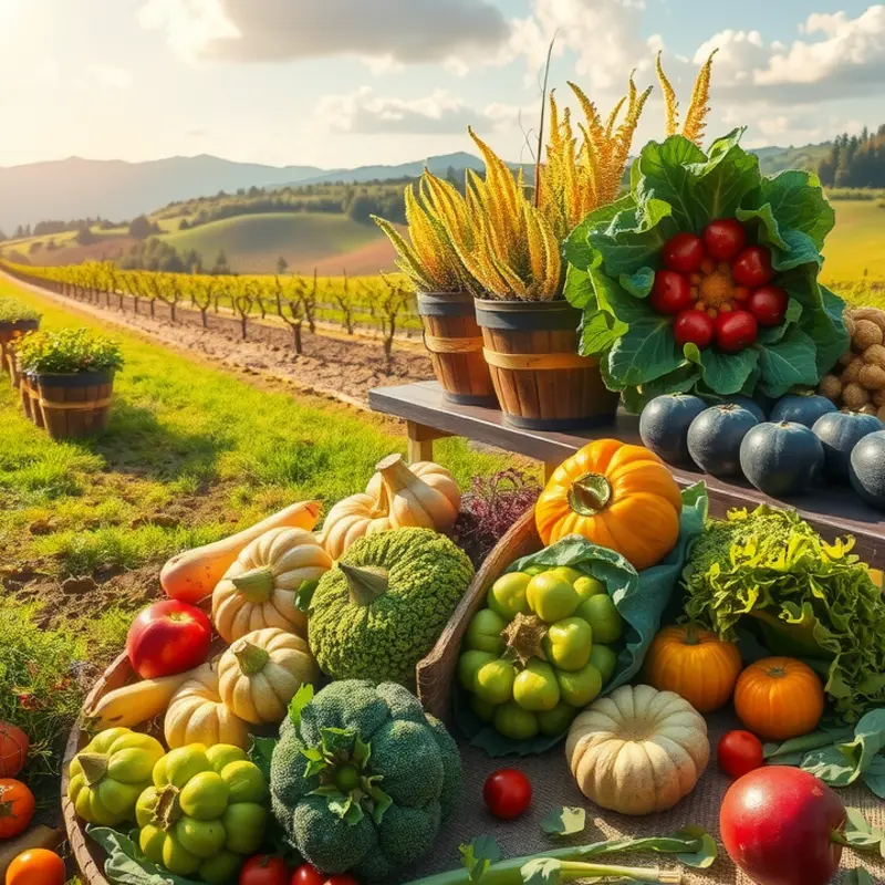 A sunlit orchard brimming with vibrant fruits and vegetables, symbolizing the freshness of natural baking ingredients.